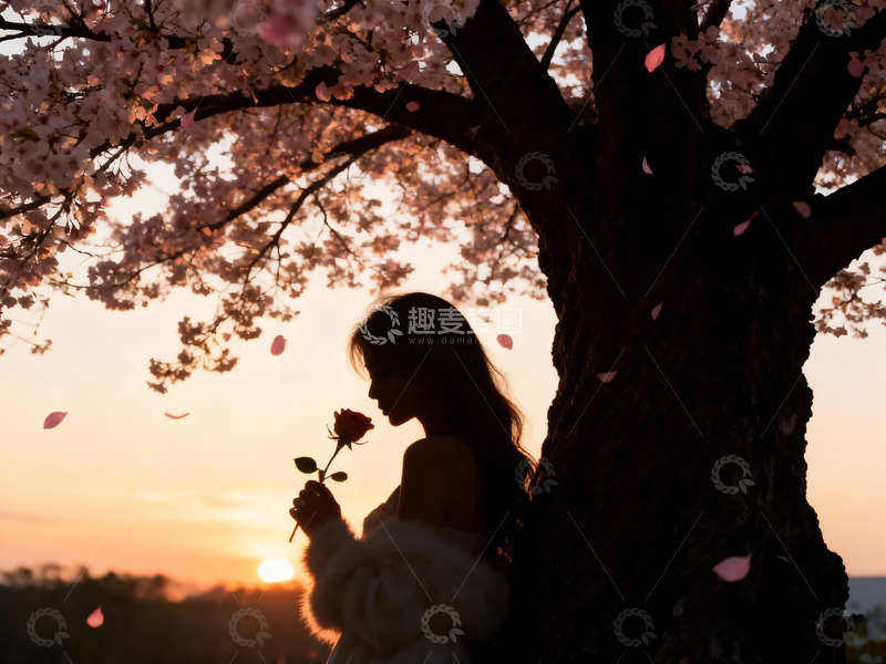 高清大图下载【趣麦麦图】巨大的樱花树下 美女手持一朵玫瑰2