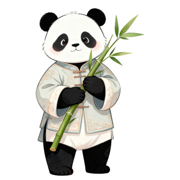 卡通手绘穿传统服饰的熊猫抱着竹子免抠元素