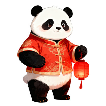 卡通手绘穿新年服饰的熊猫免抠元素