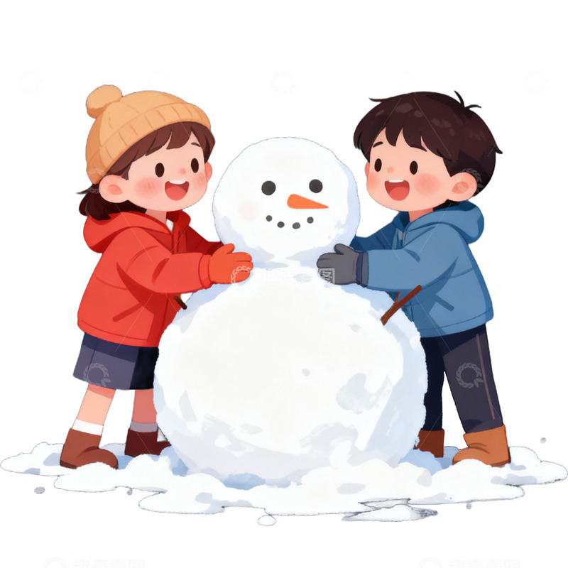 高清大图下载【趣麦麦图】卡通手绘一对小朋友堆雪人免抠元素