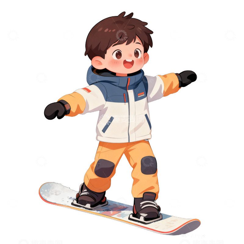 高清大图下载【趣麦麦图】卡通手绘可爱男孩单板滑雪免抠元素