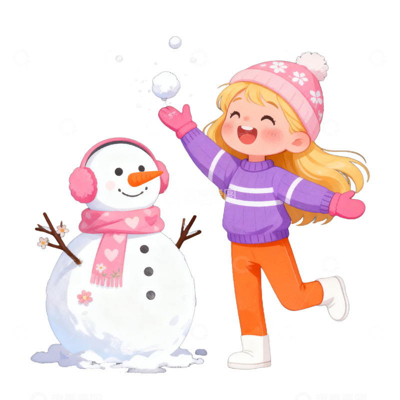 高清大图下载【趣麦麦图】卡通手绘女孩开心堆雪人免抠元素