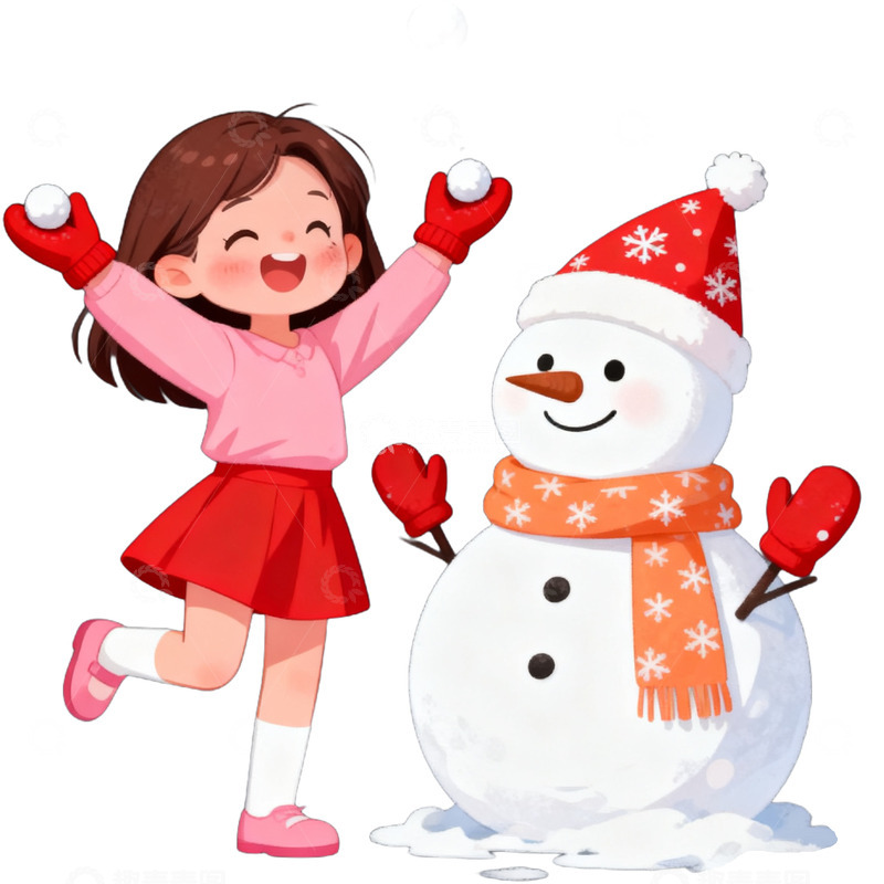 高清大图下载【趣麦麦图】卡通手绘可爱女孩与雪人免抠元素