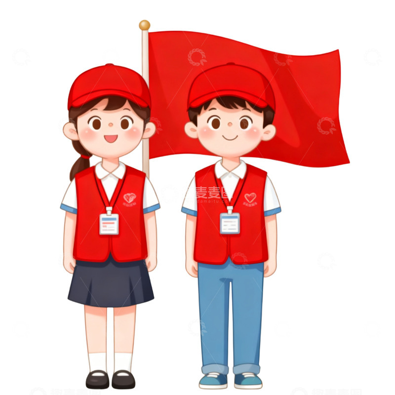 高清大图下载【趣麦麦图】卡通手绘在旗帜下的志愿者免抠元素