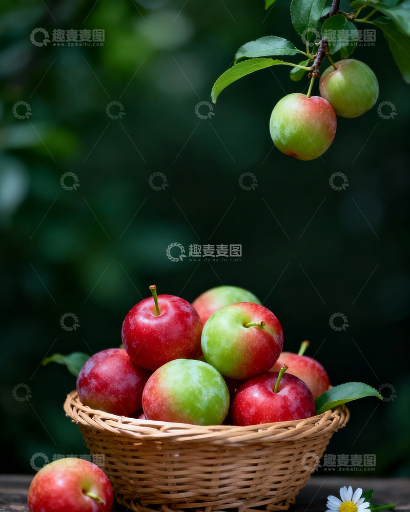 高清大图下载【趣麦麦图】藤编小篮子清新水果静物场景1