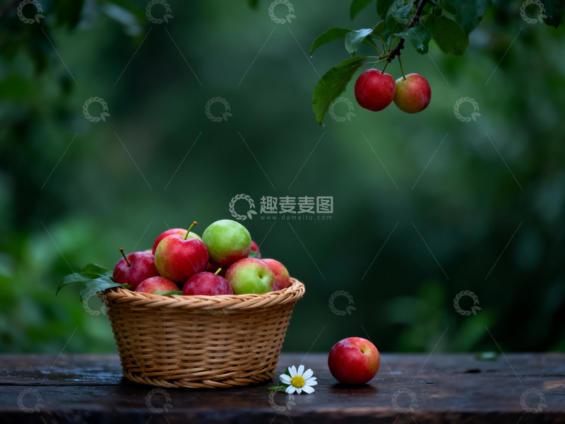 高清大图下载【趣麦麦图】藤编小篮子清新水果静物场景2