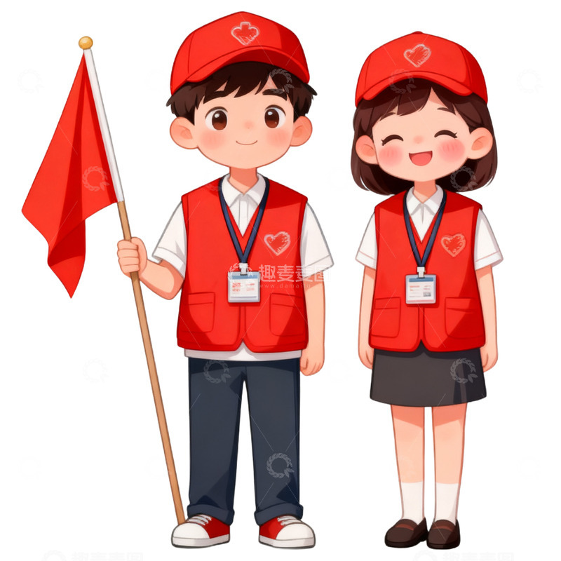 高清大图下载【趣麦麦图】卡通手绘两个可爱志愿者免抠元素