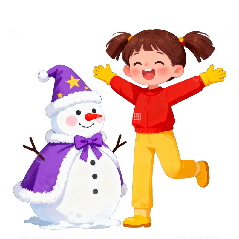 高清大图下载【趣麦麦图】卡通手绘可爱女孩堆雪人免抠元素