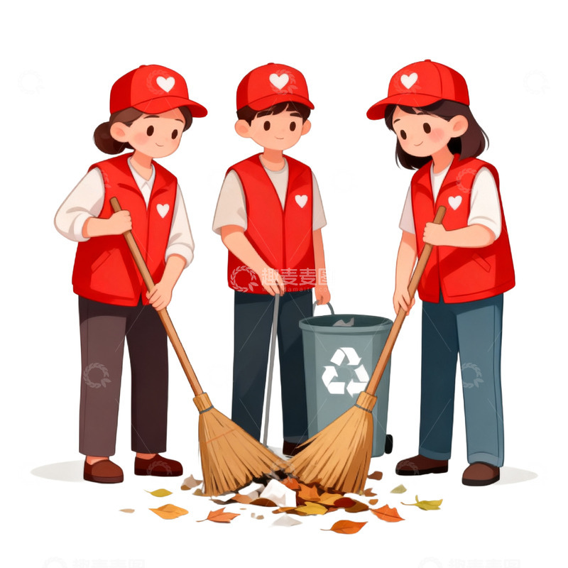 高清大图下载【趣麦麦图】卡通手绘三个志愿者打扫卫生免抠元素