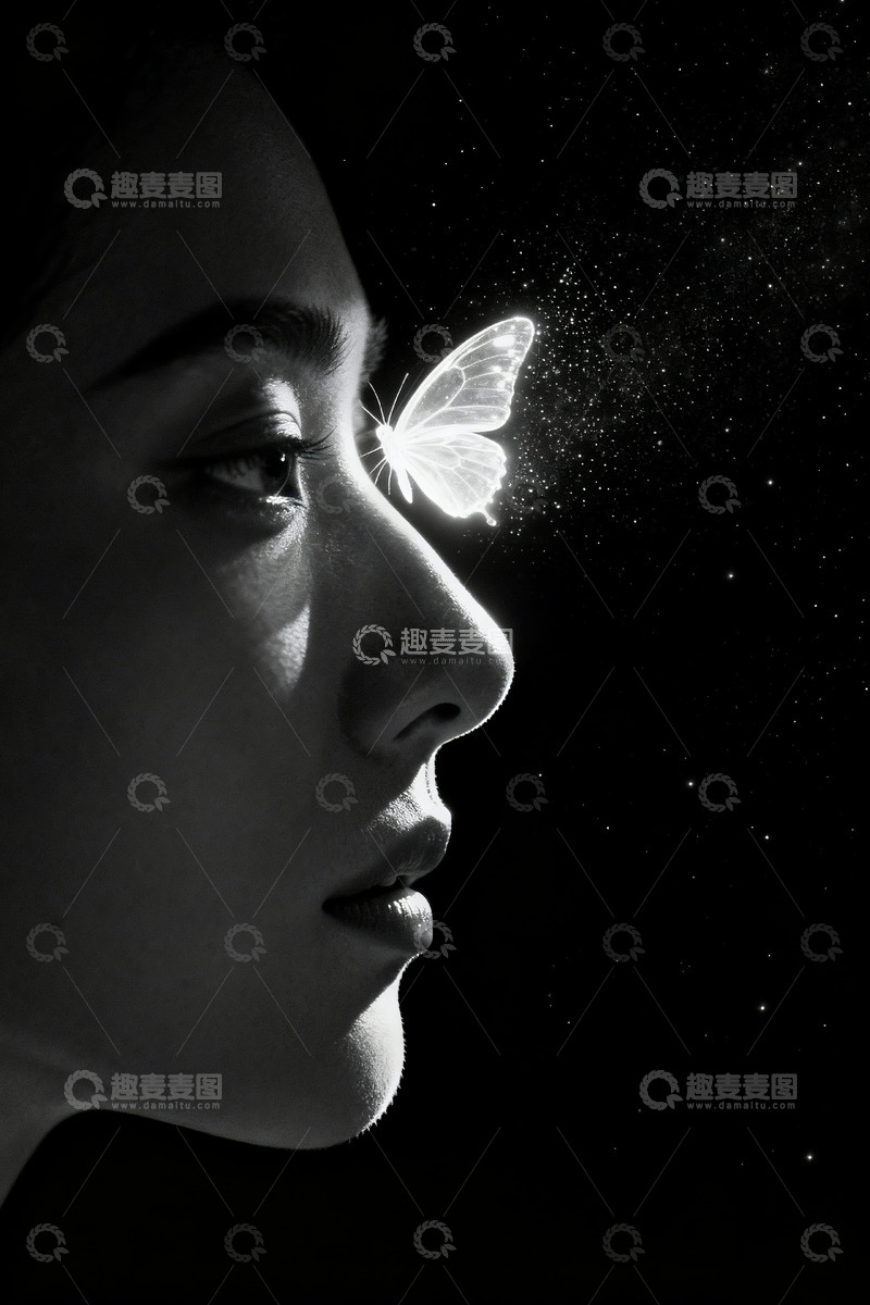 高清大图下载【趣麦麦图】半透明蝴蝶停落在眼角1