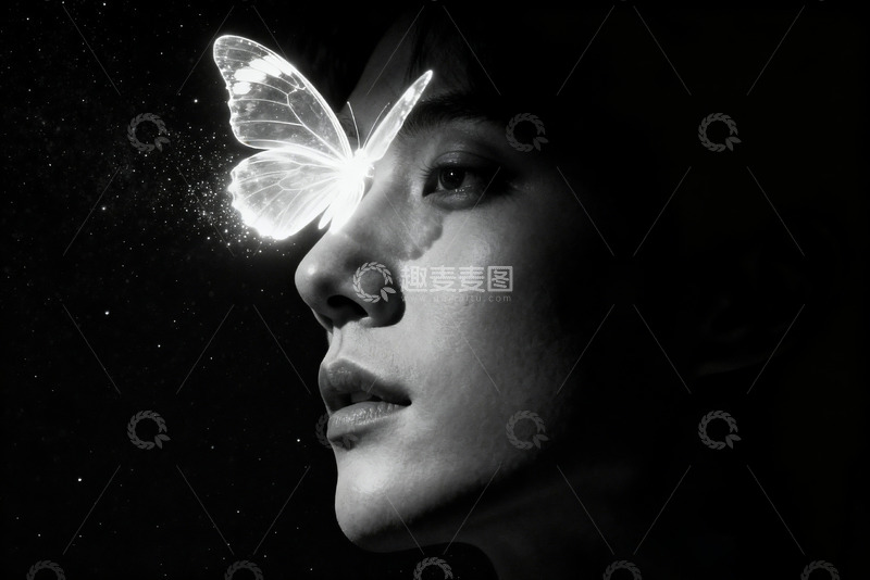 高清大图下载【趣麦麦图】半透明蝴蝶停落在眼角2