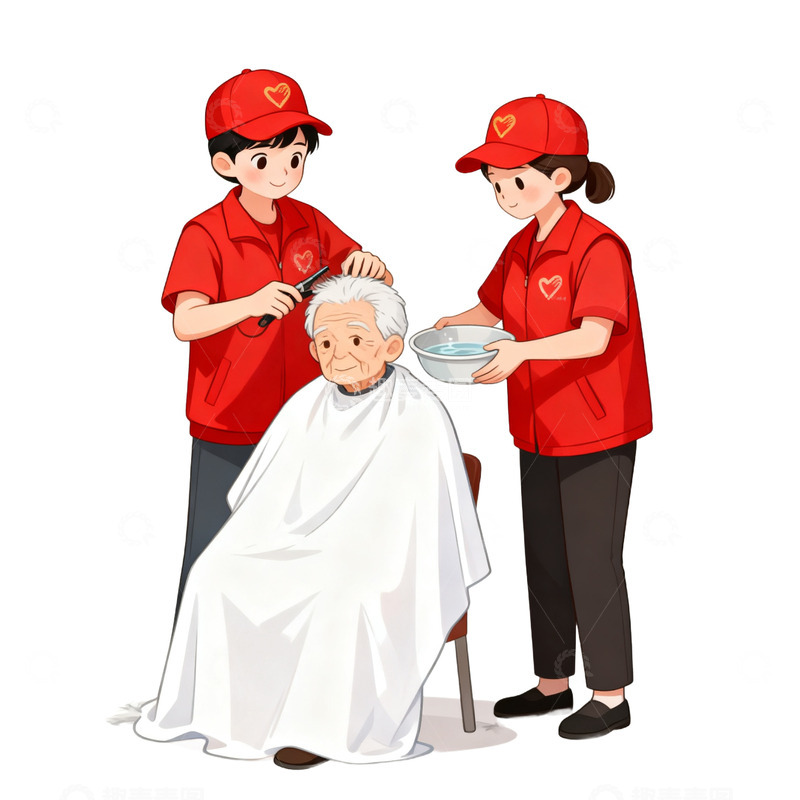 高清大图下载【趣麦麦图】卡通手绘两个志愿者给老人打扫卫生免抠元素