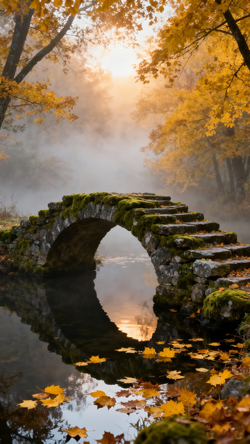 青苔石桥水面落叶3