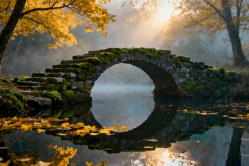 青苔石桥水面落叶