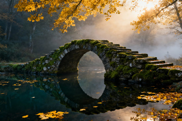 青苔石桥水面落叶1