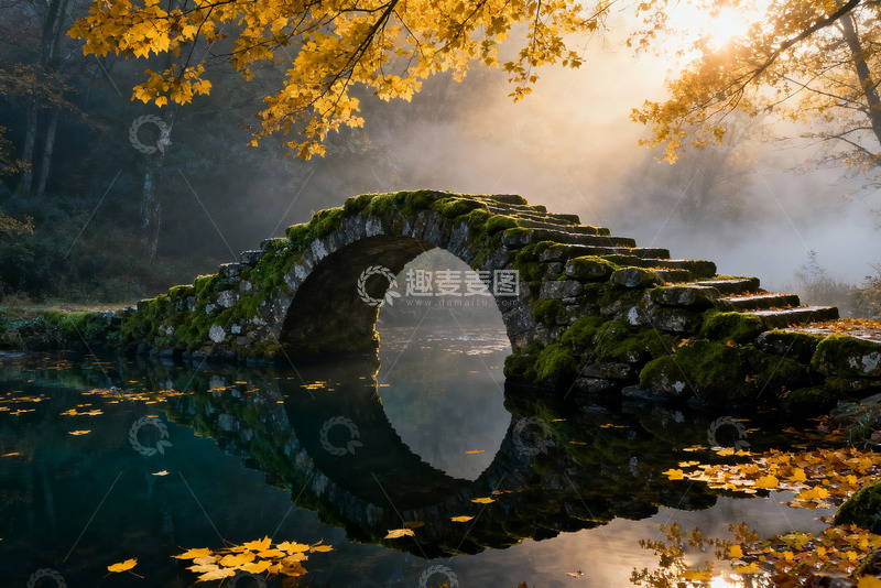 高清大图下载【趣麦麦图】青苔石桥水面落叶1