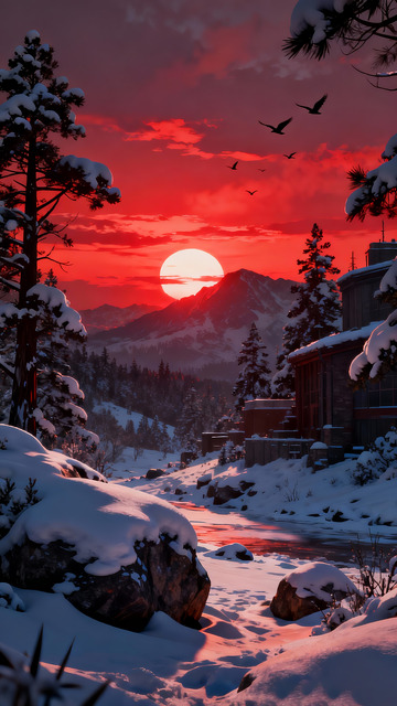 雪地远山落日插画4