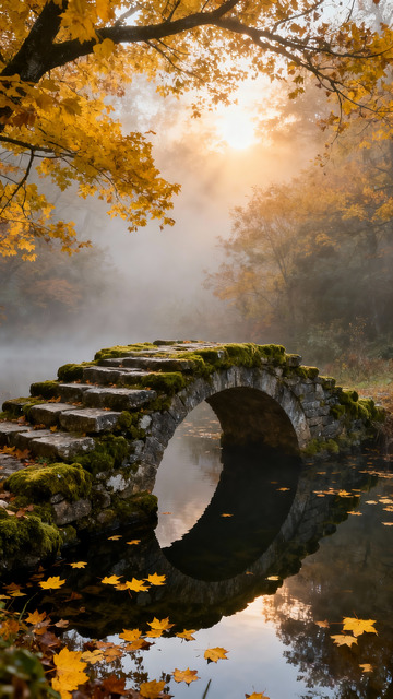 青苔石桥水面落叶2