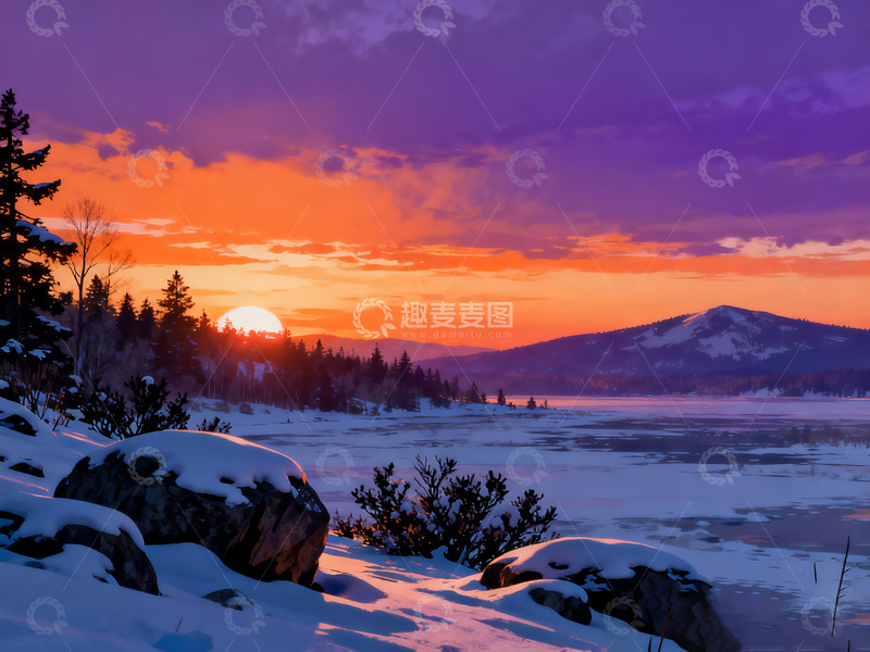 高清大图下载【趣麦麦图】雪地远山落日插画1