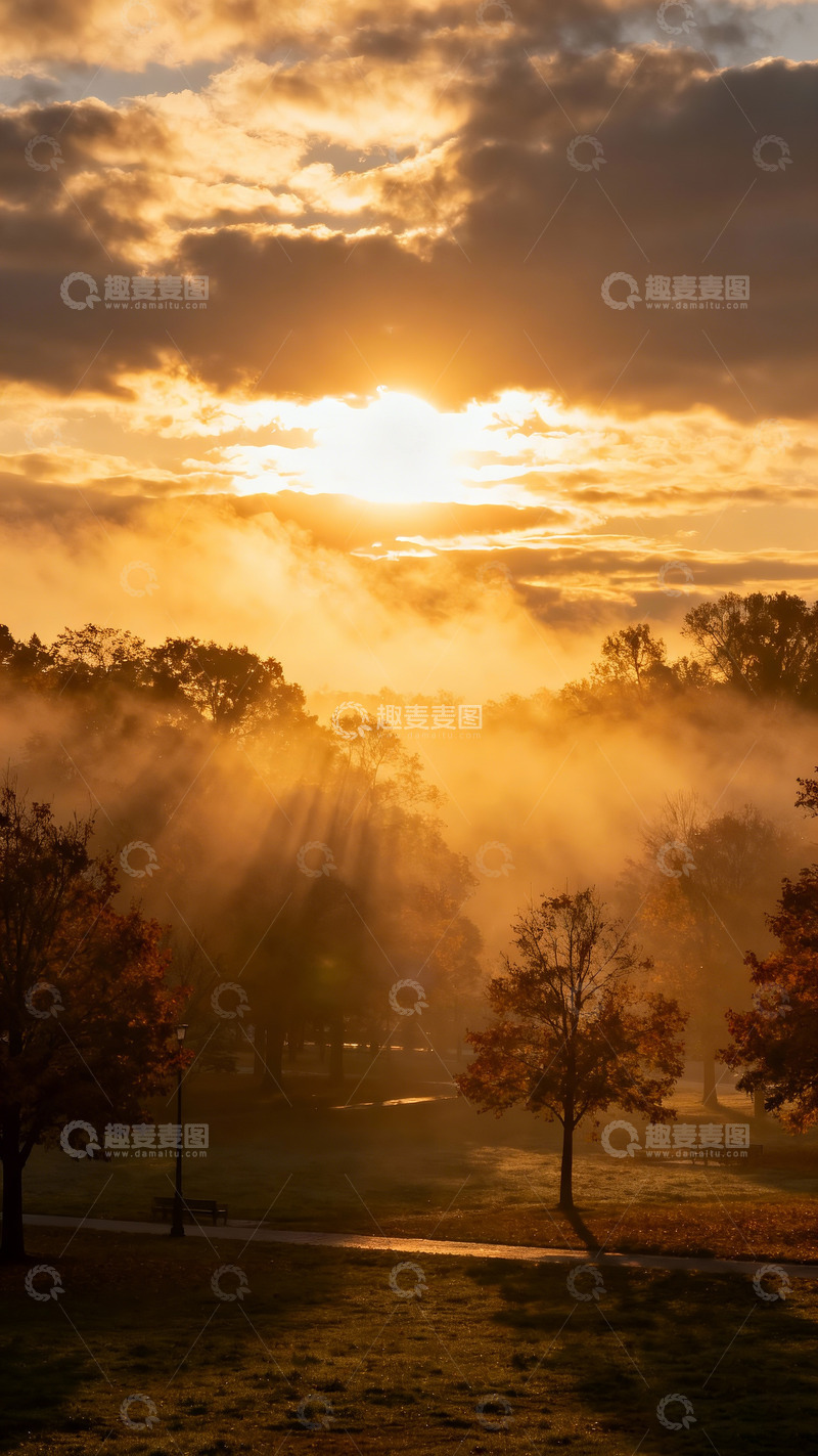 高清大图下载【趣麦麦图】秋晨时分，晨雾弥漫的公园2