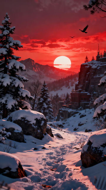 雪地远山落日插画3