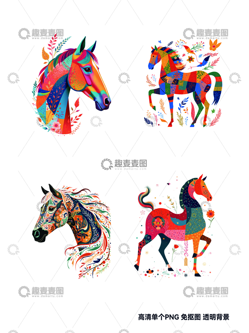 源文件下载【趣麦麦图】彩色马艺术插画设计素材