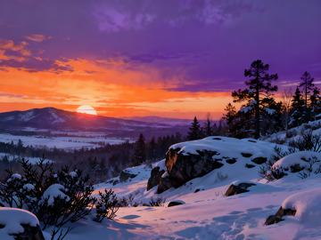 雪地远山落日插画