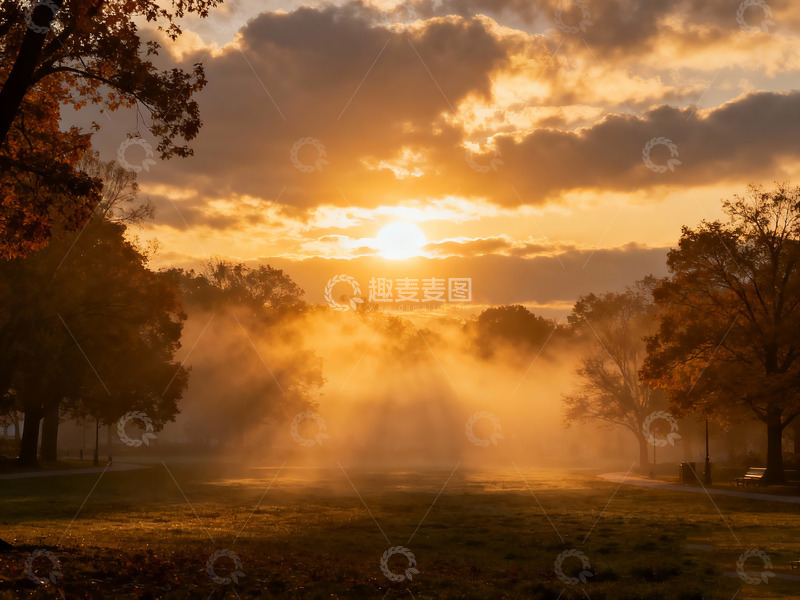 高清大图下载【趣麦麦图】秋晨时分，晨雾弥漫的公园1