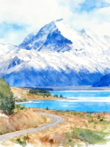 水彩雪山山水风景画