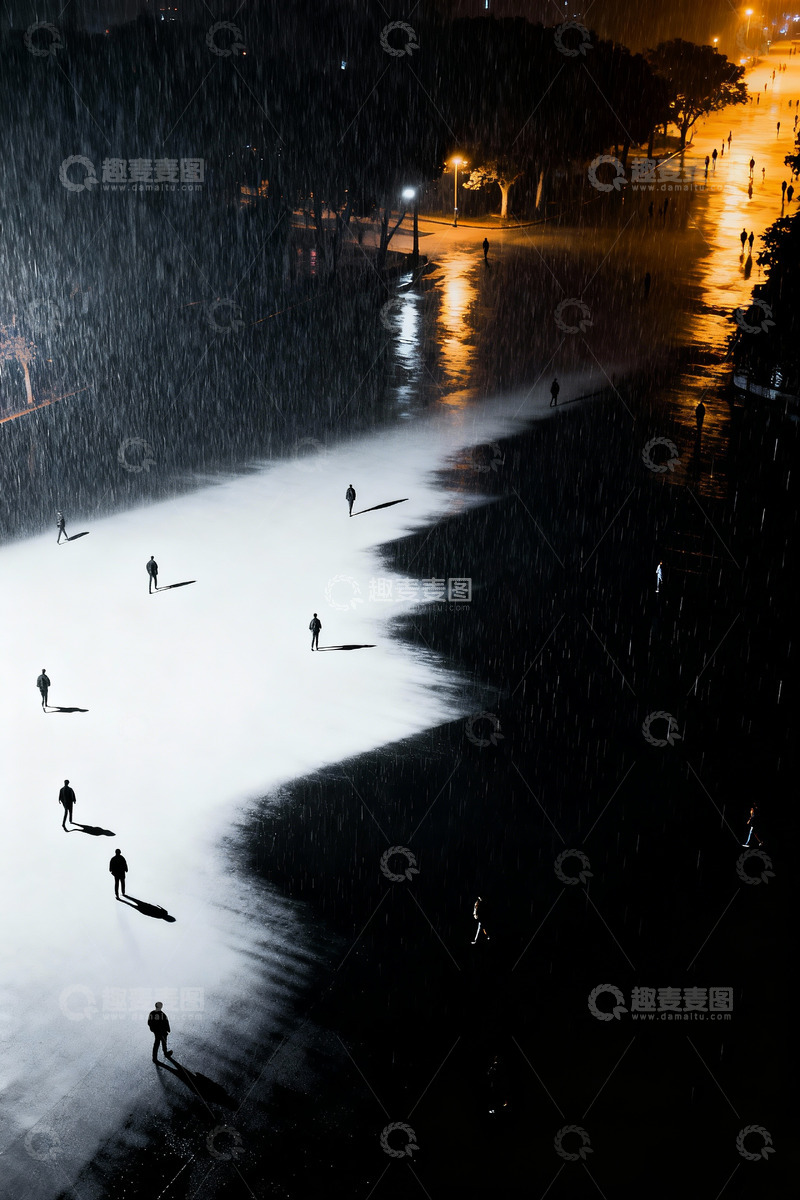 高清大图下载【趣麦麦图】黑白雨夜人流极影风格1