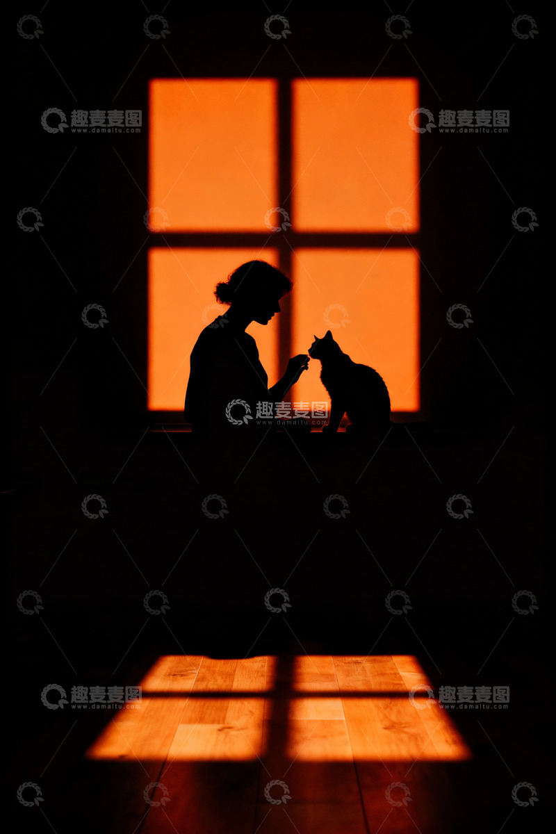高清大图下载【趣麦麦图】人物与猫的剪影互动6