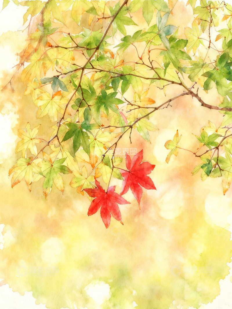 高清大图下载【趣麦麦图】水彩秋天枫叶美景图