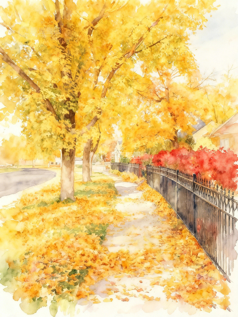 高清大图下载【趣麦麦图】秋日小径水彩画