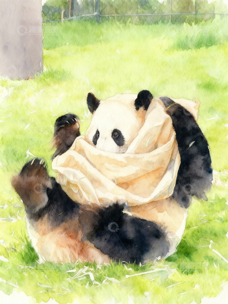 高清大图下载【趣麦麦图】水彩熊猫悠闲草地嬉戏