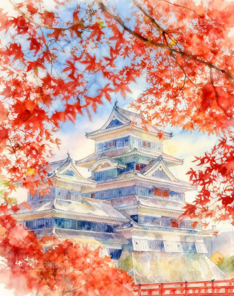 高清大图下载【趣麦麦图】水彩和风秋日城堡红叶美景