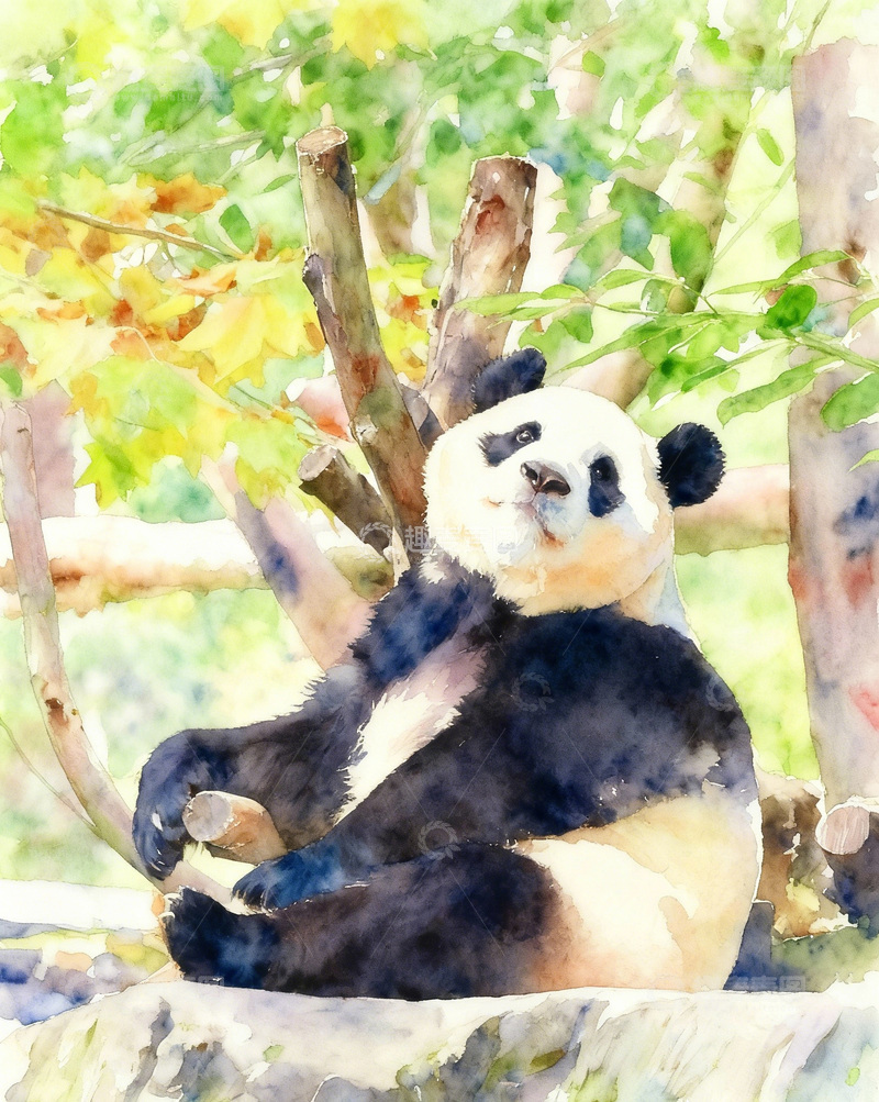 高清大图下载【趣麦麦图】熊猫悠闲树林水彩画