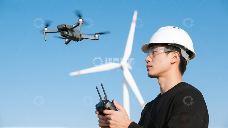高清大图下载【趣麦麦图】工程师操控无人机风力发电场景
