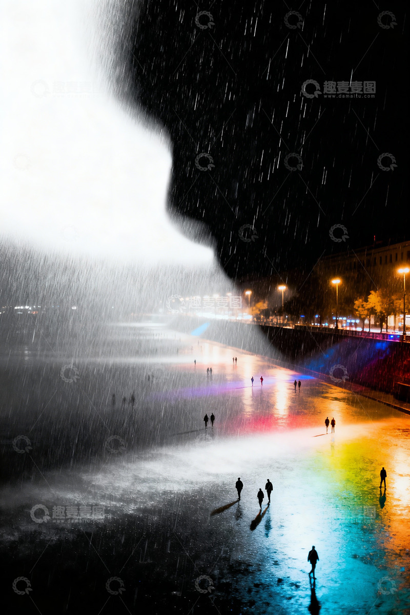 高清大图下载【趣麦麦图】黑白雨夜人流极影风格2