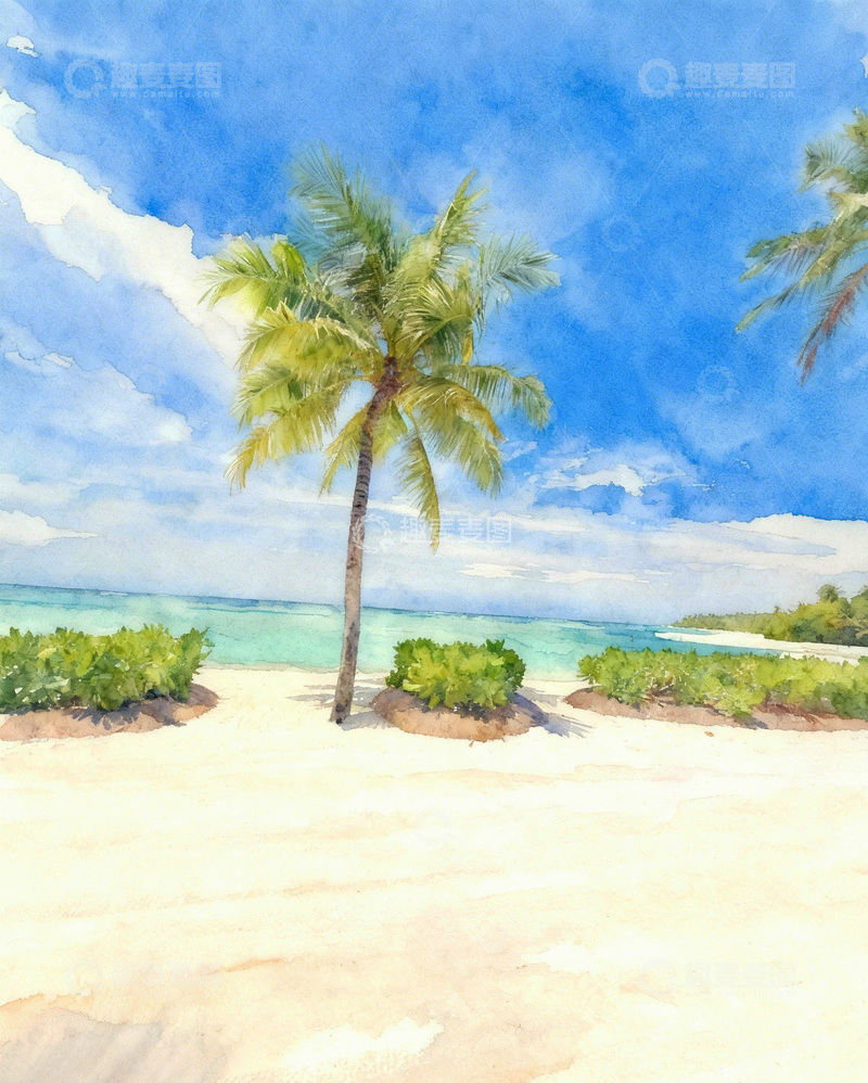 高清大图下载【趣麦麦图】水彩海滩风光棕榈树