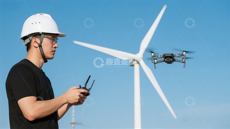 高清大图下载【趣麦麦图】工程师操控无人机检查风力发电机