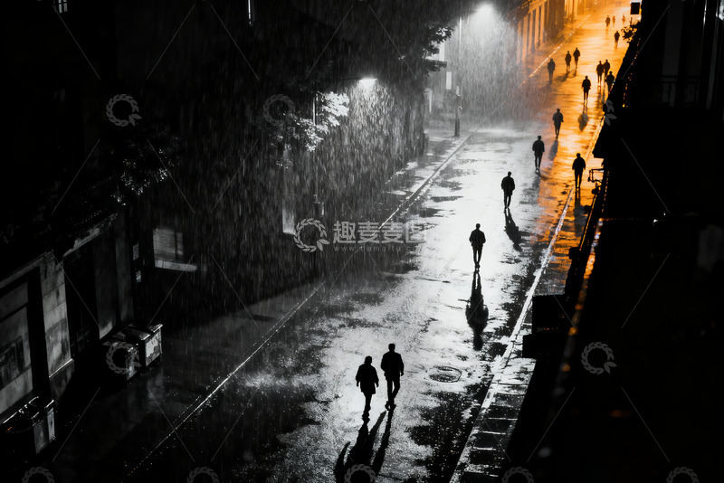 高清大图下载【趣麦麦图】黑白雨夜人流极影风格6