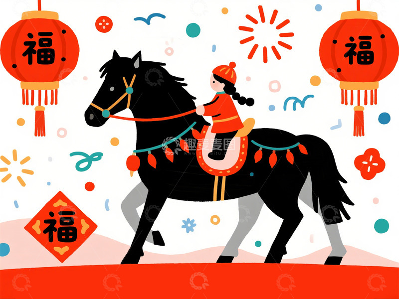 高清大图下载【趣麦麦图】卡通春节骑马庆祝插画