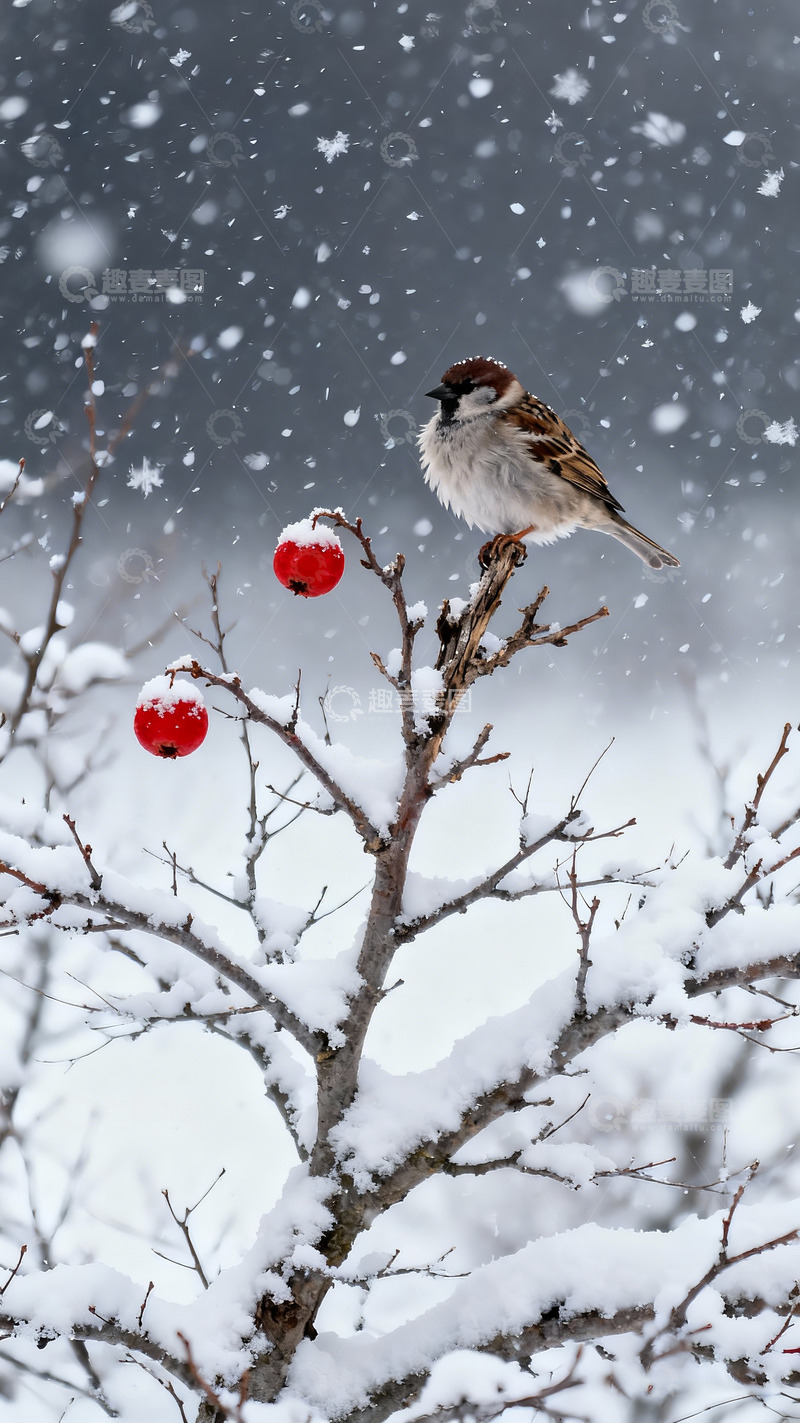 高清大图下载【趣麦麦图】寒冬大雪山楂麻雀1