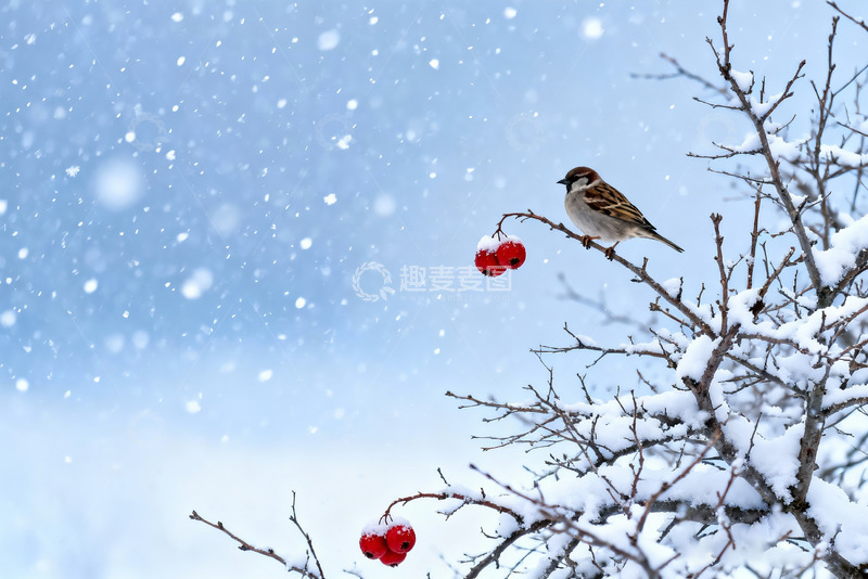 高清大图下载【趣麦麦图】寒冬大雪山楂麻雀5
