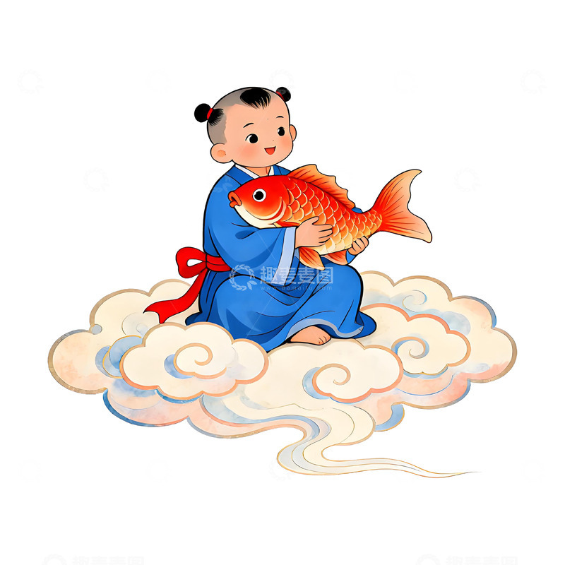 高清大图下载【趣麦麦图】卡通人物鱼跃云端图