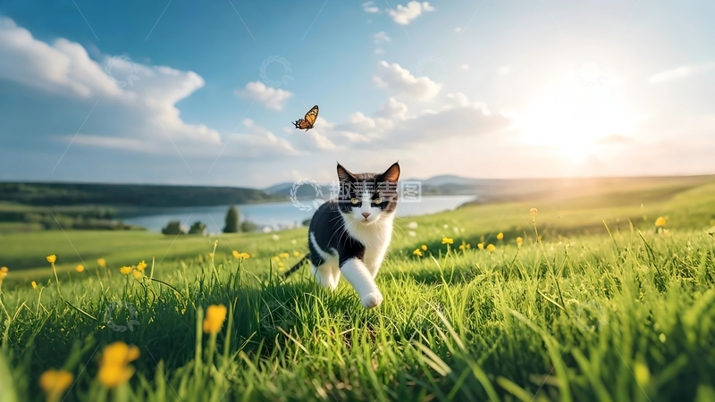 高清大图下载【趣麦麦图】田园风光猫蝶共舞