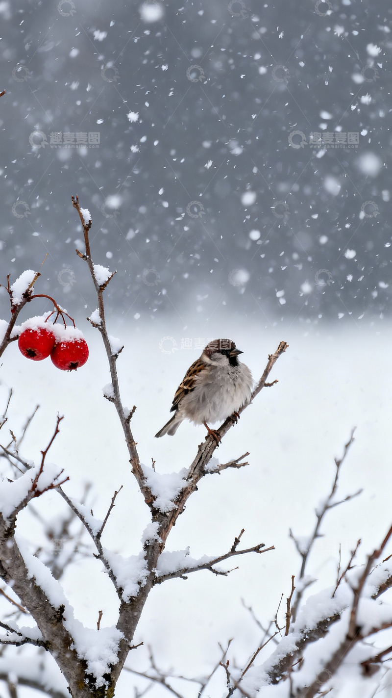 高清大图下载【趣麦麦图】寒冬大雪山楂麻雀