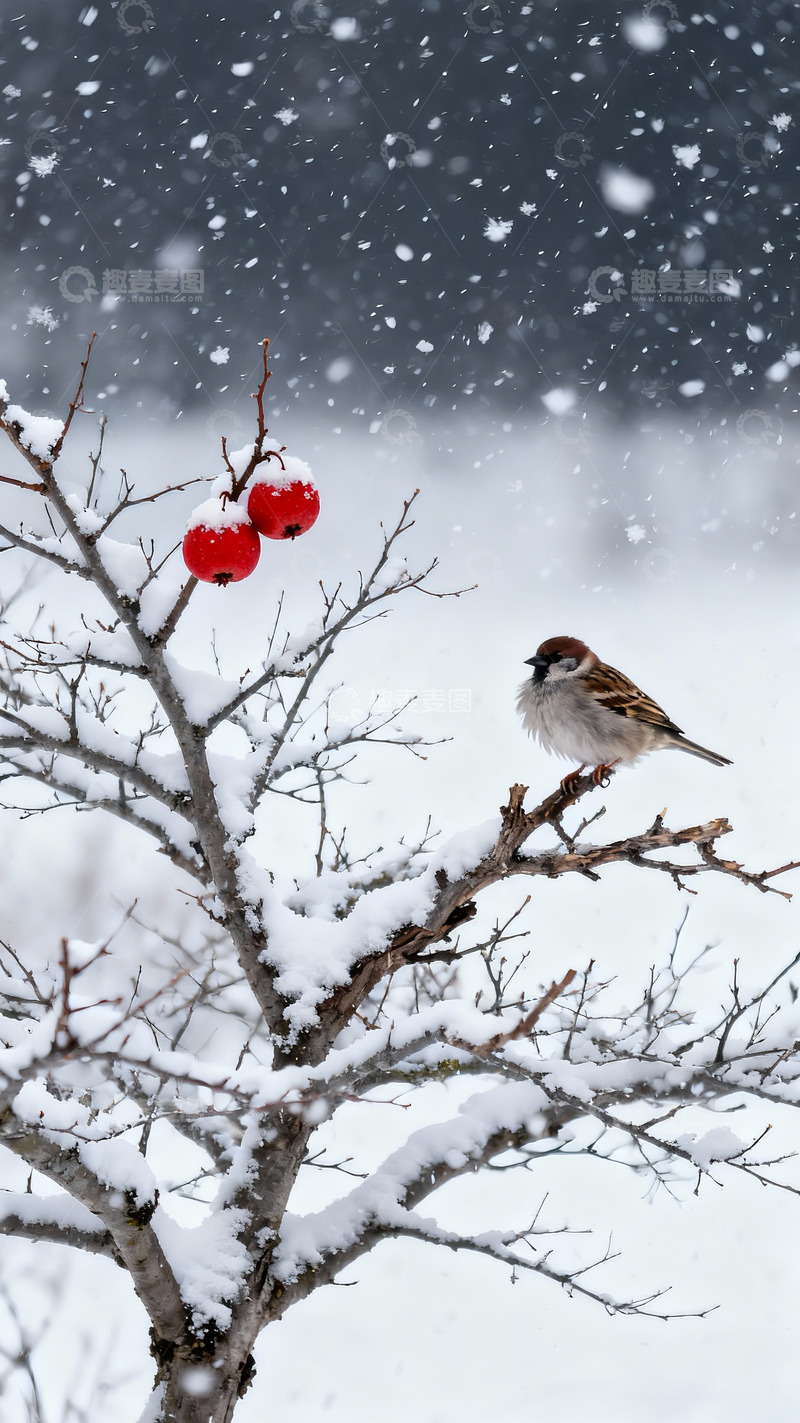 高清大图下载【趣麦麦图】寒冬大雪山楂麻雀2