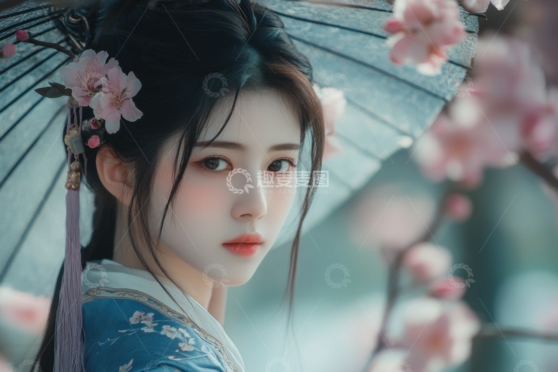 高清大图下载【趣麦麦图】打着花伞的妙龄美少女
