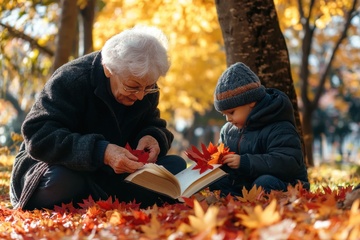 坐在公园里看书的爷孙俩